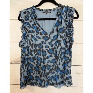 Cabellero Sleeveless Blouse S Blue Animal Print Ruffled Stylish Night Out‎